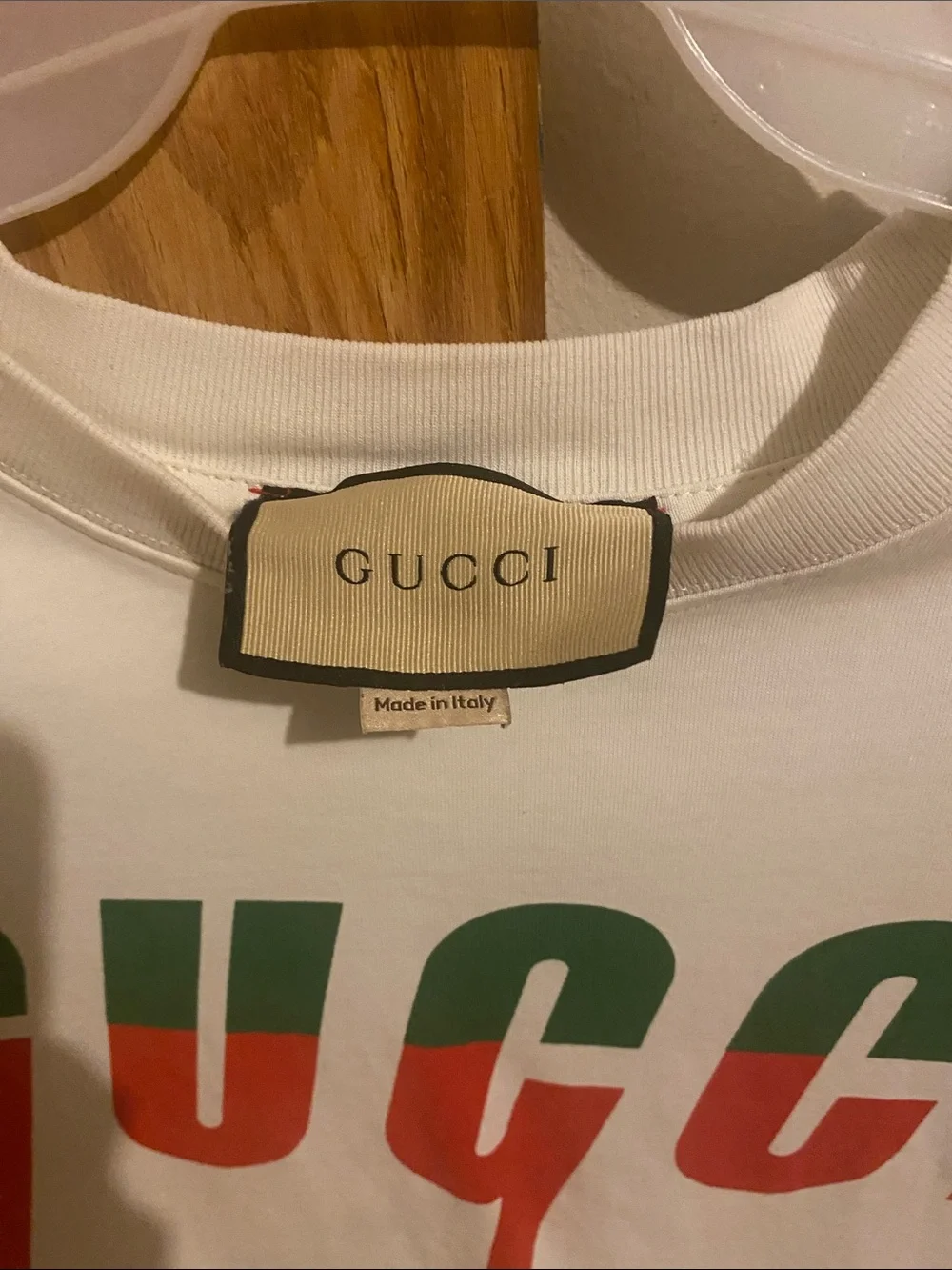 Gucci White Short Sleeve Tee with Red & Green graphics